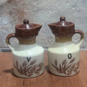Vintage Vinegar and Olive Oil Jar Ceramic Pottery Cruet with Lid Rustic Brown Wh